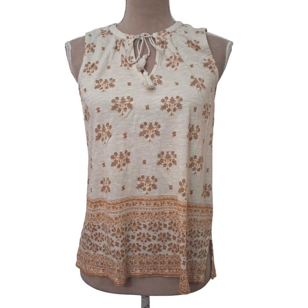 Lucky Brand Women Small Beige Orange Floral Boho Tassel Slub Knit Tank Top